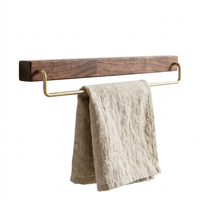Porte-serviette mural bois de noyer et laiton 60 cm sur fond blanc