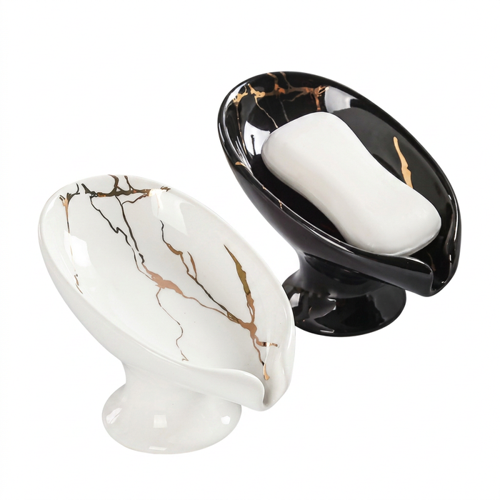 Porte-Savon Céramique Feuille Marbrée – Blanc ou Noir | Maison Bréa